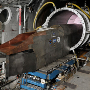 Rocket-shaped test model mounted in pneumatic rig